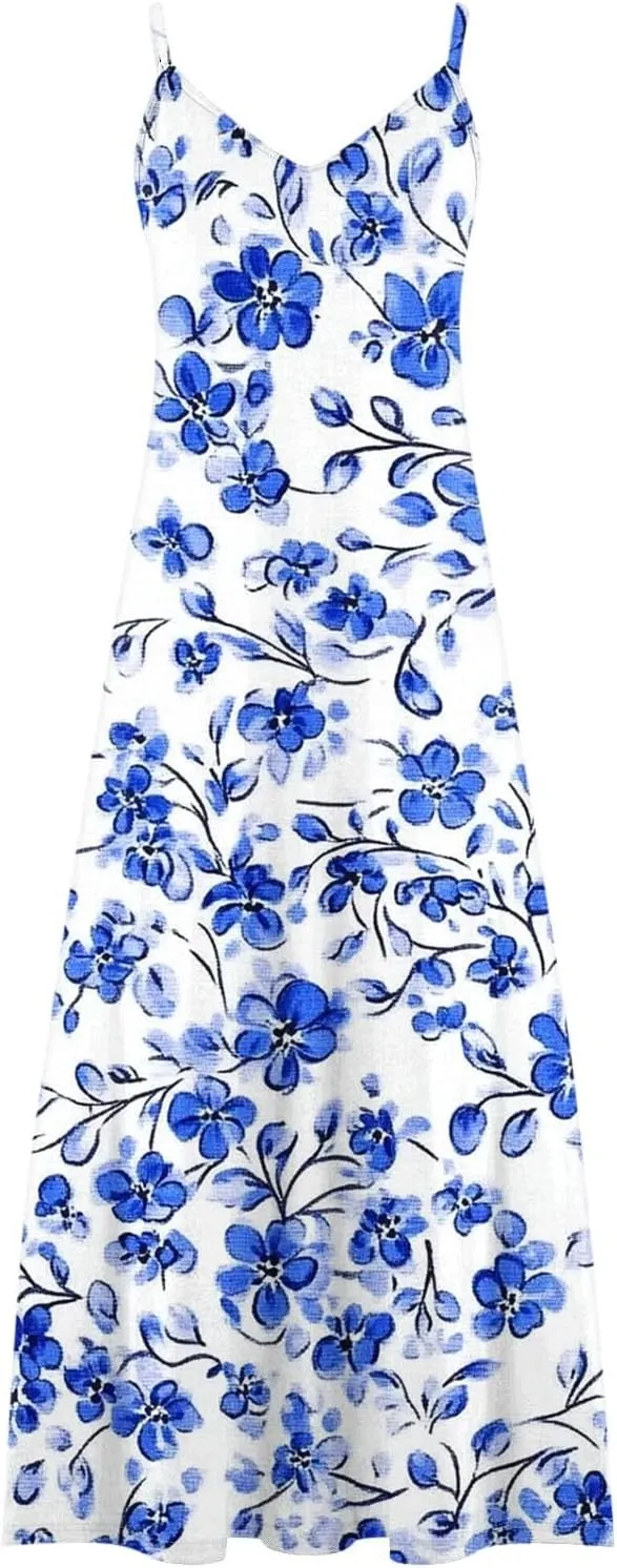 Summer Dresses for Women 2025 Casual Loose V Neck Halter Tank Long Dress Flowy Floral Boho Beach Maxi Sundresses