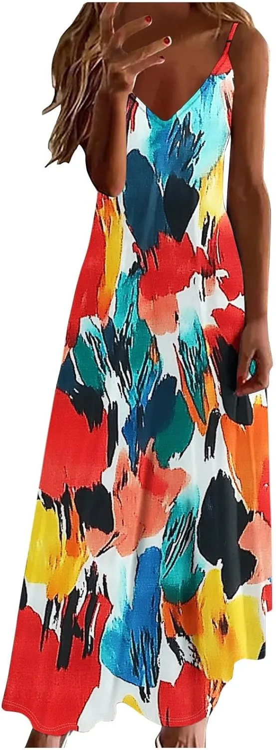 Summer Dresses for Women 2025 Casual Loose V Neck Halter Tank Long Dress Flowy Floral Boho Beach Maxi Sundresses