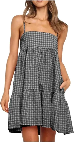 Summer Dresses for Women 2025 Casual Spaghetti Strap Ruffle Mini Dress Vacation Beach A Line Sundresses with Pockets