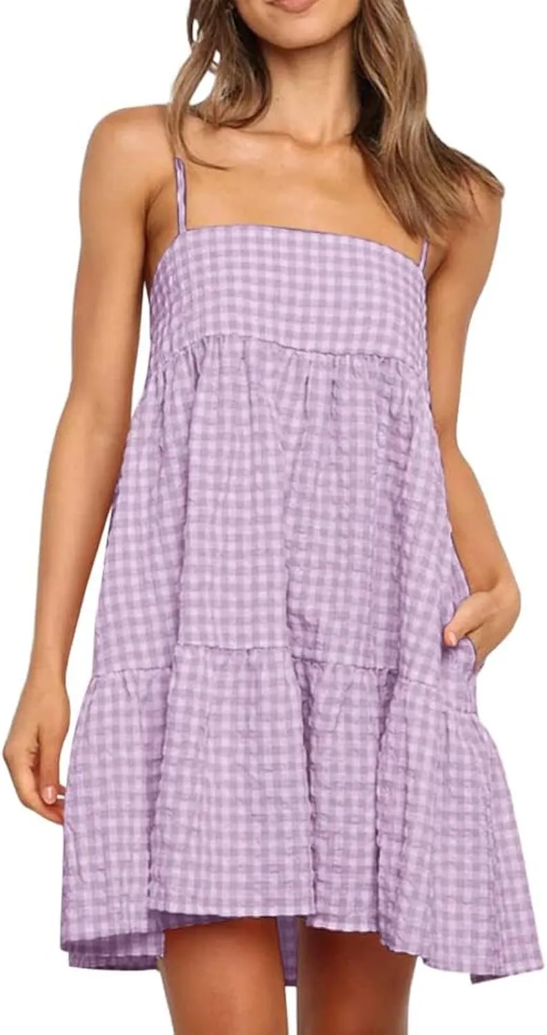 Summer Dresses for Women 2025 Casual Spaghetti Strap Ruffle Mini Dress Vacation Beach A Line Sundresses with Pockets