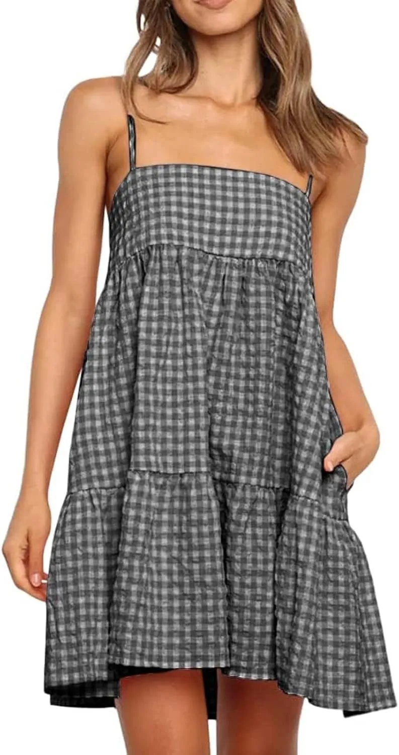 Summer Dresses for Women 2025 Casual Spaghetti Strap Ruffle Mini Dress Vacation Beach A Line Sundresses with Pockets