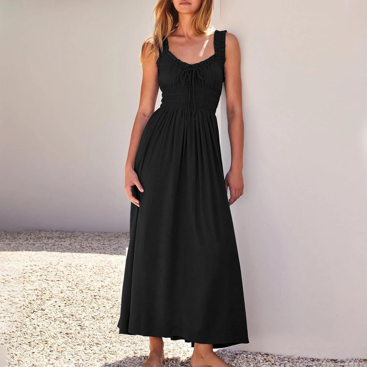 Summer Dresses for Women 2025 Dressy Wedding Sleeveless Pleated Long Dress Loose Front Tie Maxi Sun Dresses