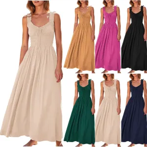 Summer Dresses for Women 2025 Dressy Wedding Sleeveless Pleated Long Dress Loose Front Tie Maxi Sun Dresses
