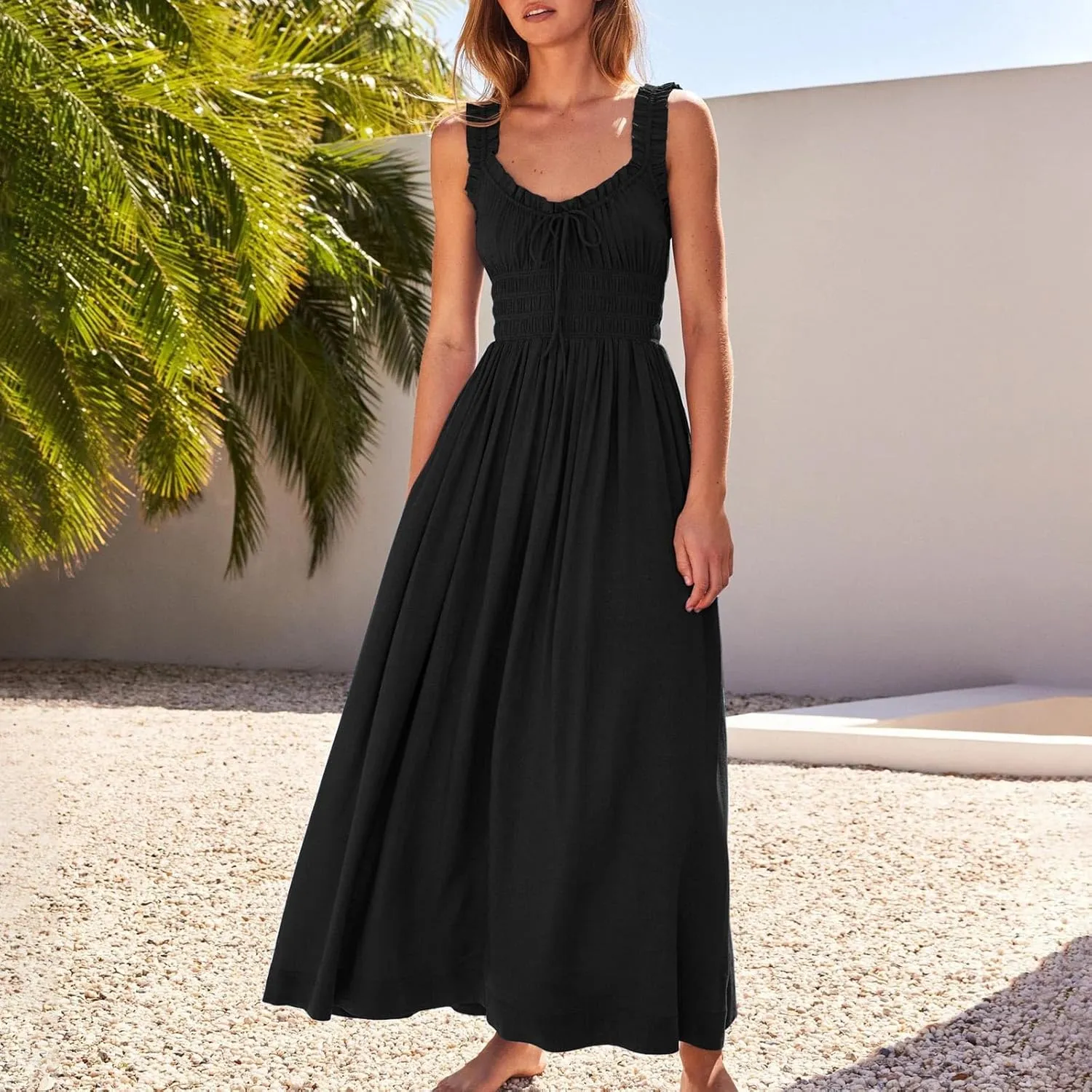 Summer Dresses for Women 2025 Dressy Wedding Sleeveless Pleated Long Dress Loose Front Tie Maxi Sun Dresses