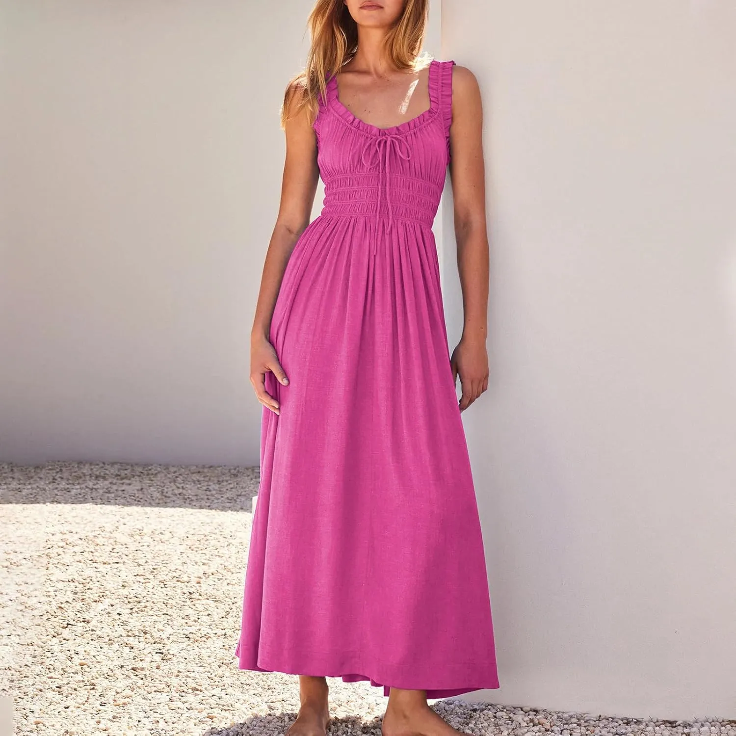 Summer Dresses for Women 2025 Dressy Wedding Sleeveless Pleated Long Dress Loose Front Tie Maxi Sun Dresses