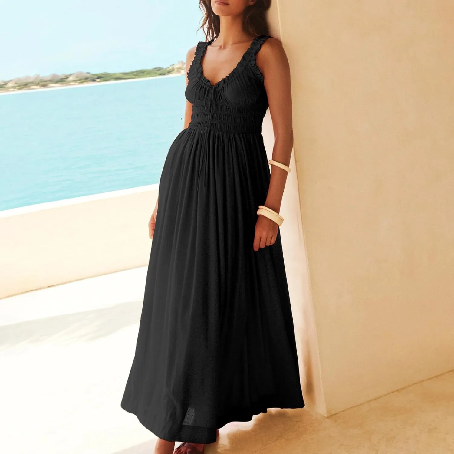 Summer Dresses for Women 2025 Dressy Wedding Sleeveless Pleated Long Dress Loose Front Tie Maxi Sun Dresses
