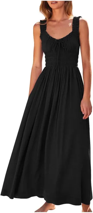 Summer Dresses for Women 2025 Dressy Wedding Sleeveless Pleated Long Dress Loose Front Tie Maxi Sun Dresses