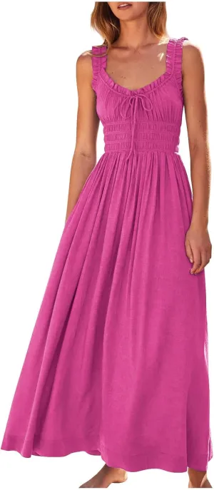 Summer Dresses for Women 2025 Dressy Wedding Sleeveless Pleated Long Dress Loose Front Tie Maxi Sun Dresses
