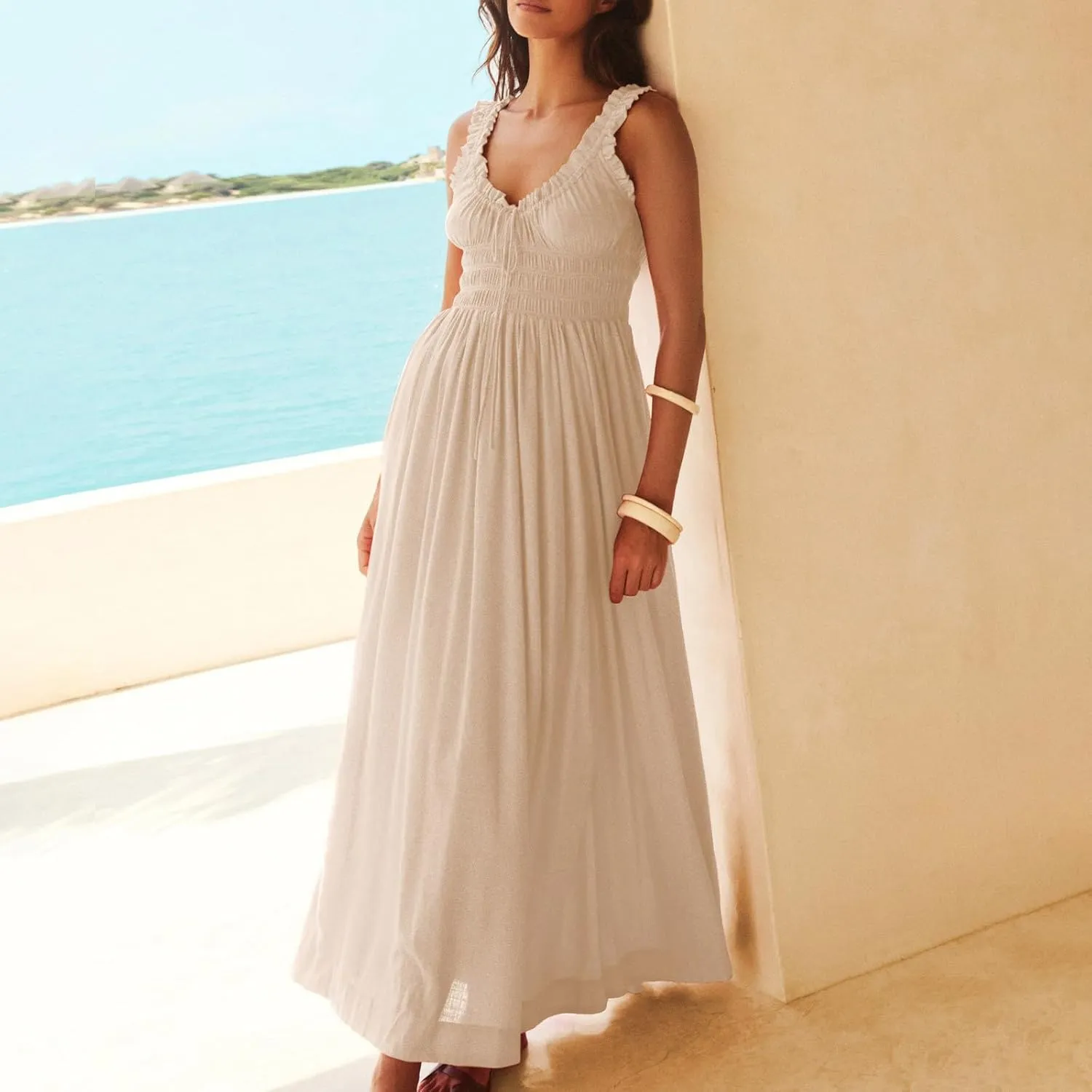 Summer Dresses for Women 2025 Dressy Wedding Sleeveless Pleated Long Dress Loose Front Tie Maxi Sun Dresses