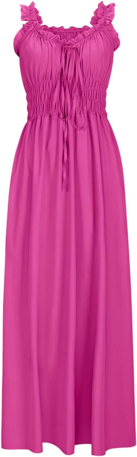 Summer Dresses for Women 2025 Dressy Wedding Sleeveless Pleated Long Dress Loose Front Tie Maxi Sun Dresses