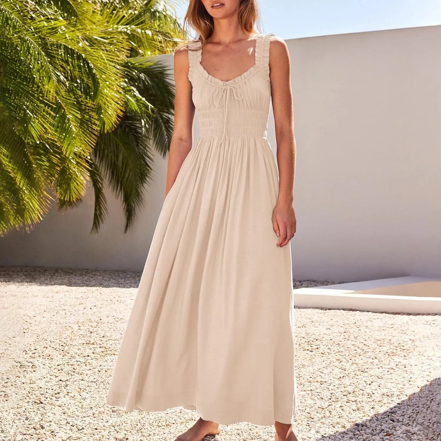 Summer Dresses for Women 2025 Dressy Wedding Sleeveless Pleated Long Dress Loose Front Tie Maxi Sun Dresses