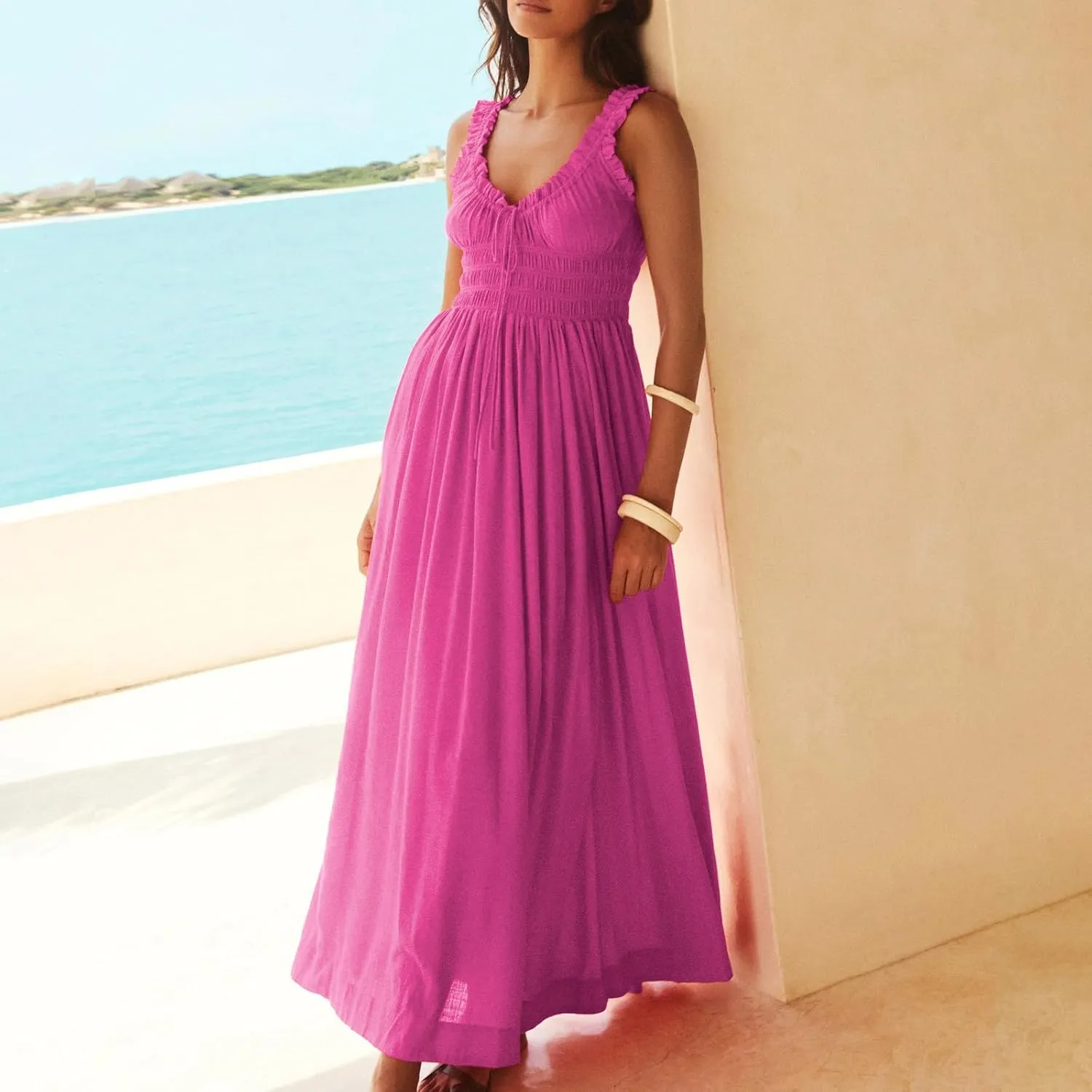 Summer Dresses for Women 2025 Dressy Wedding Sleeveless Pleated Long Dress Loose Front Tie Maxi Sun Dresses