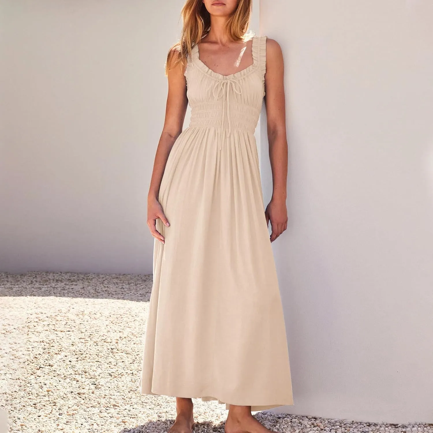Summer Dresses for Women 2025 Dressy Wedding Sleeveless Pleated Long Dress Loose Front Tie Maxi Sun Dresses