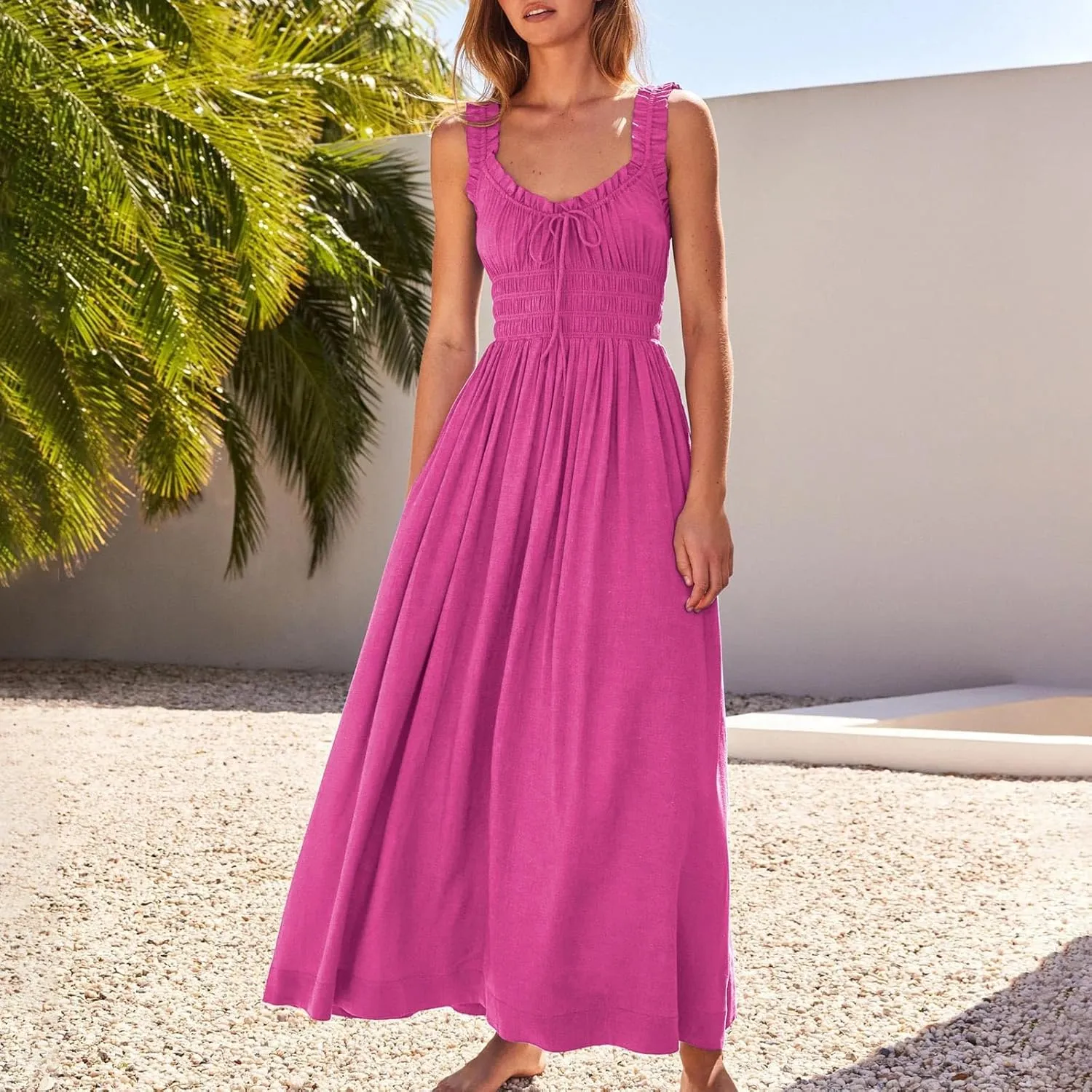 Summer Dresses for Women 2025 Dressy Wedding Sleeveless Pleated Long Dress Loose Front Tie Maxi Sun Dresses