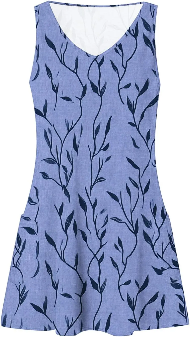 Summer Dresses for Women 2025 Loose V Neck Sleeveless Short Dress Casual Floral Boho Beach Sundresses with Pockets