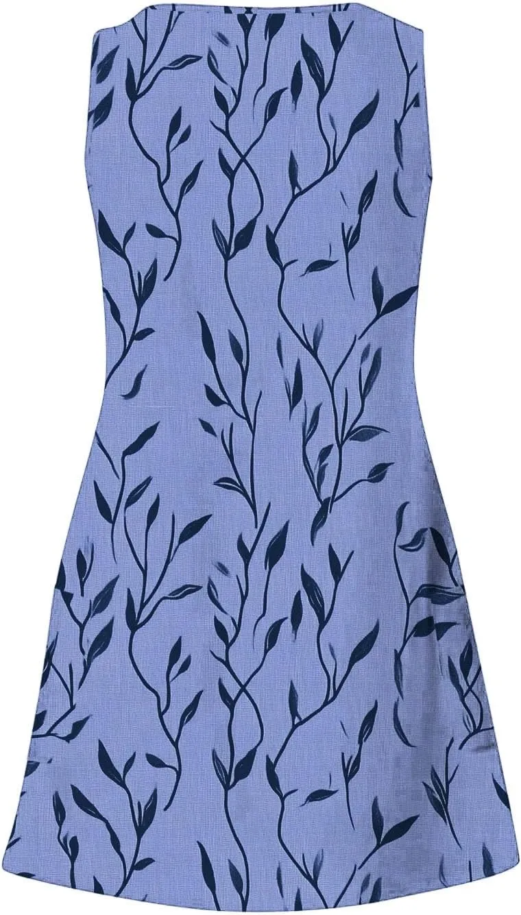 Summer Dresses for Women 2025 Loose V Neck Sleeveless Short Dress Casual Floral Boho Beach Sundresses with Pockets