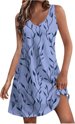 Summer Dresses for Women 2025 Loose V Neck Sleeveless Short Dress Casual Floral Boho Beach Sundresses with Pockets