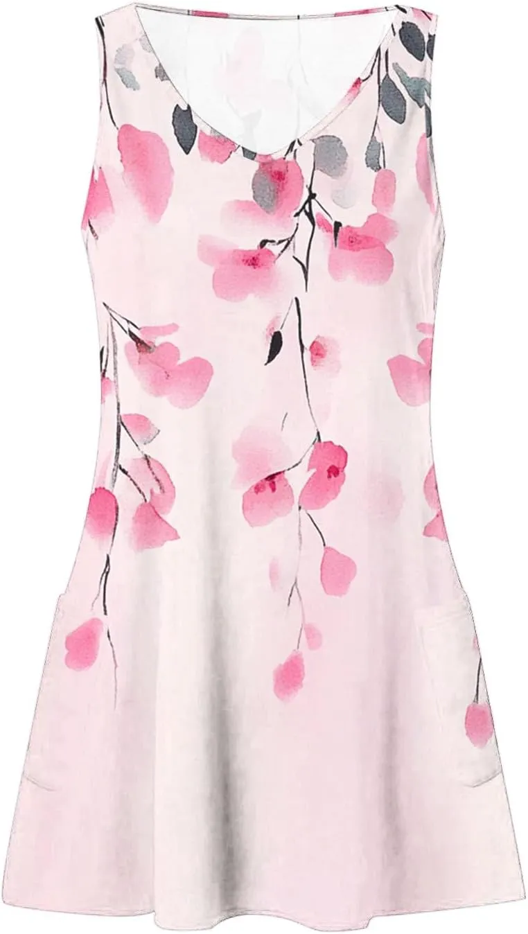 Summer Dresses for Women 2025 Loose V Neck Sleeveless Short Dress Casual Floral Boho Beach Sundresses with Pockets