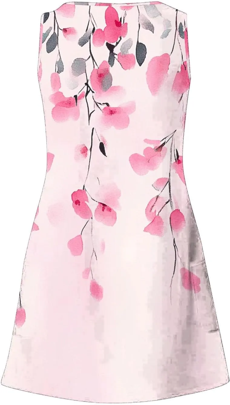 Summer Dresses for Women 2025 Loose V Neck Sleeveless Short Dress Casual Floral Boho Beach Sundresses with Pockets