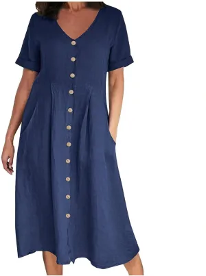 Summer Dresses for Women 2025 Plus Size Flowy Cotton Linen Button Down Sundress Short Sleeve Vacation Beach Dress