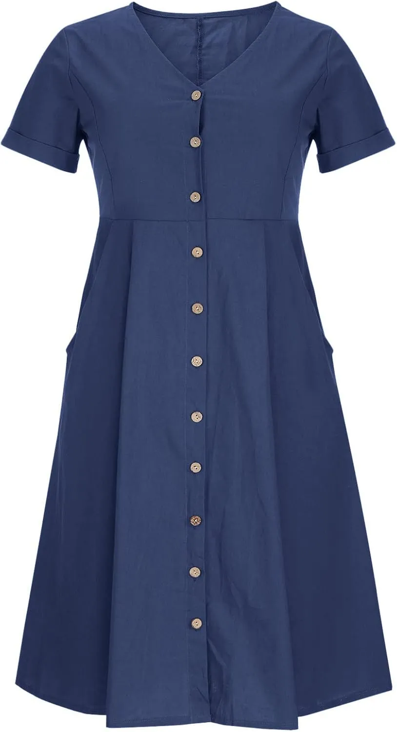 Summer Dresses for Women 2025 Plus Size Flowy Cotton Linen Button Down Sundress Short Sleeve Vacation Beach Dress