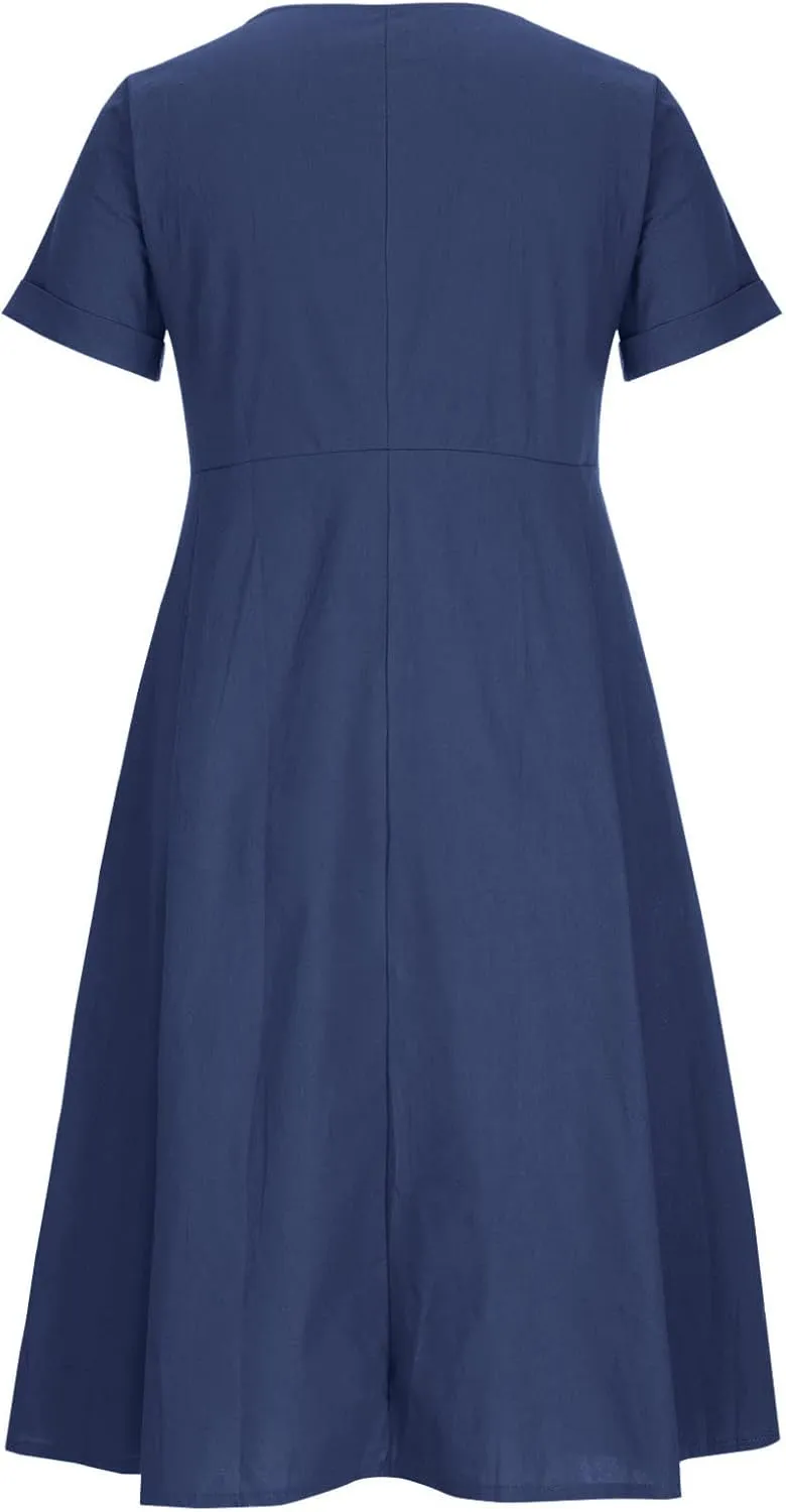 Summer Dresses for Women 2025 Plus Size Flowy Cotton Linen Button Down Sundress Short Sleeve Vacation Beach Dress