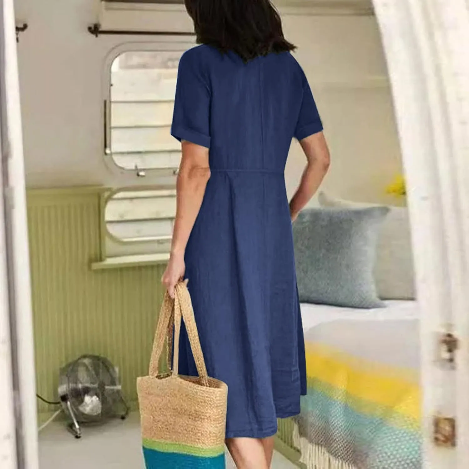 Summer Dresses for Women 2025 Plus Size Flowy Cotton Linen Button Down Sundress Short Sleeve Vacation Beach Dress