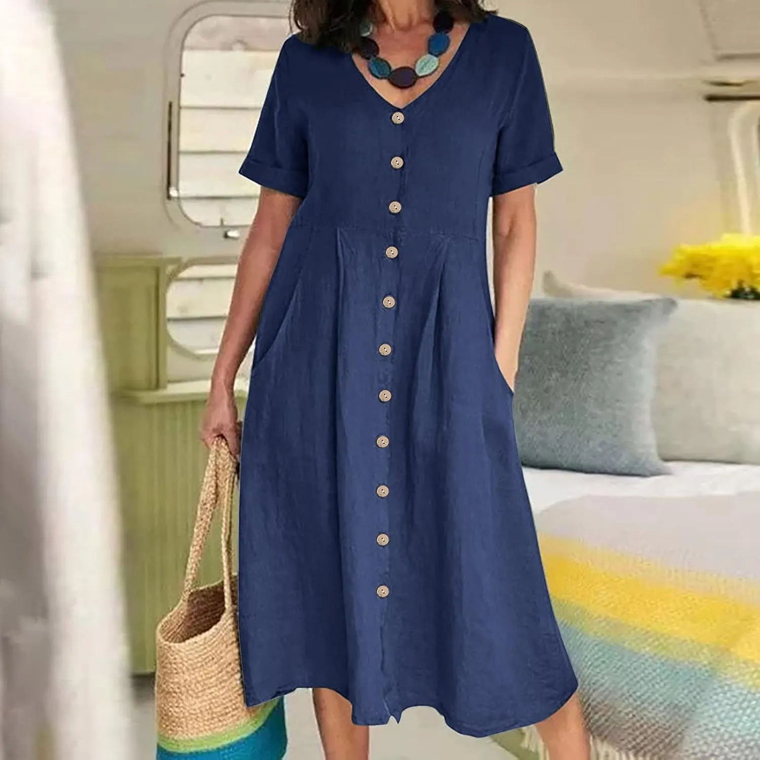 Summer Dresses for Women 2025 Plus Size Flowy Cotton Linen Button Down Sundress Short Sleeve Vacation Beach Dress