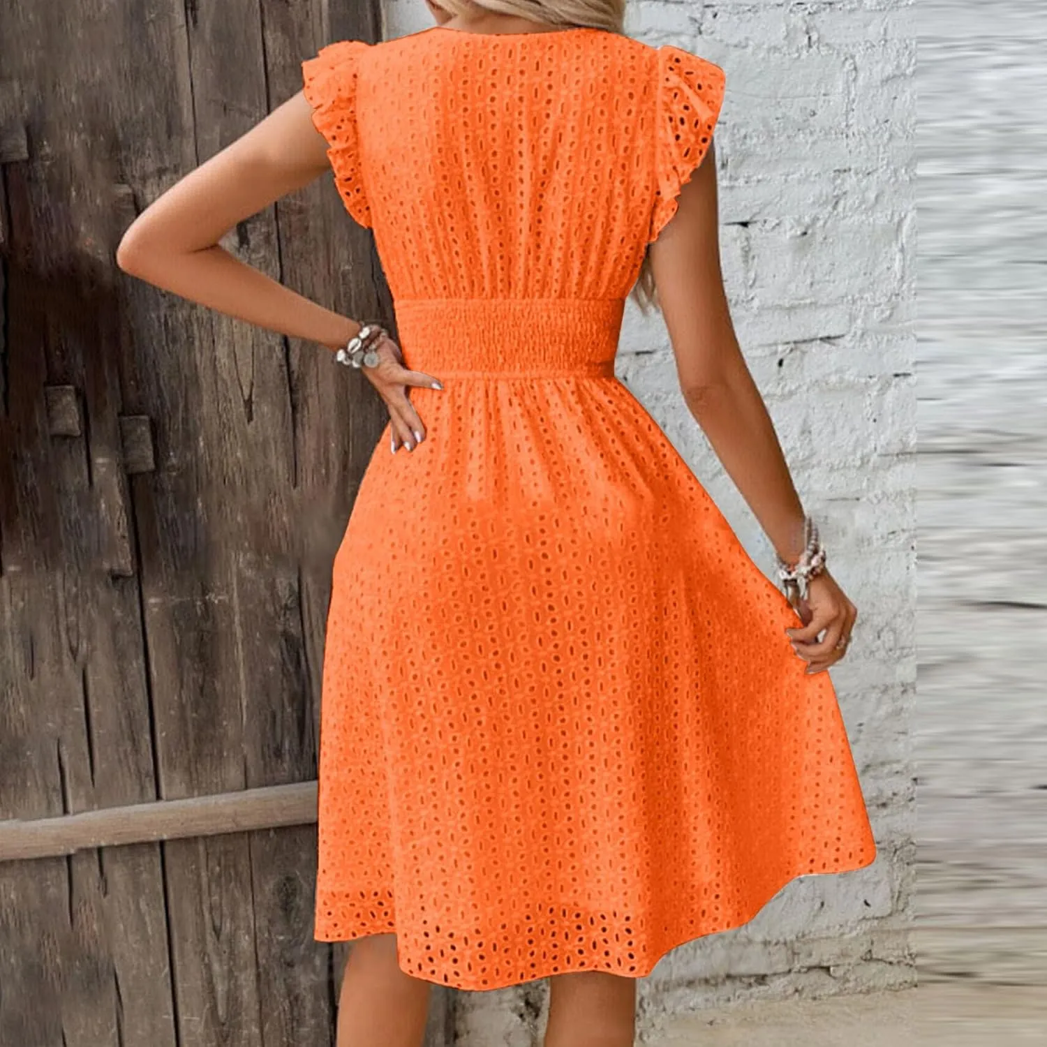 Summer Dresses for Women 2025 Puff V Neck Sleeveless Eyelet Dress Casual Loose Embroidered Wrap Dress Midi Sundress