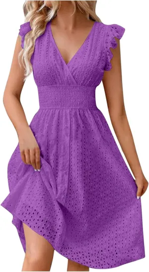 Summer Dresses for Women 2025 Puff V Neck Sleeveless Eyelet Dress Casual Loose Embroidered Wrap Dress Midi Sundress