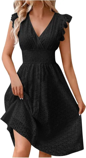 Summer Dresses for Women 2025 Puff V Neck Sleeveless Eyelet Dress Casual Loose Embroidered Wrap Dress Midi Sundress