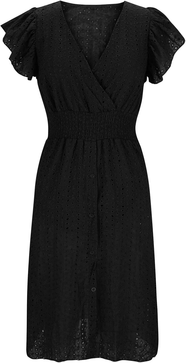 Summer Dresses for Women 2025 Puff V Neck Sleeveless Eyelet Dress Casual Loose Embroidered Wrap Dress Midi Sundress