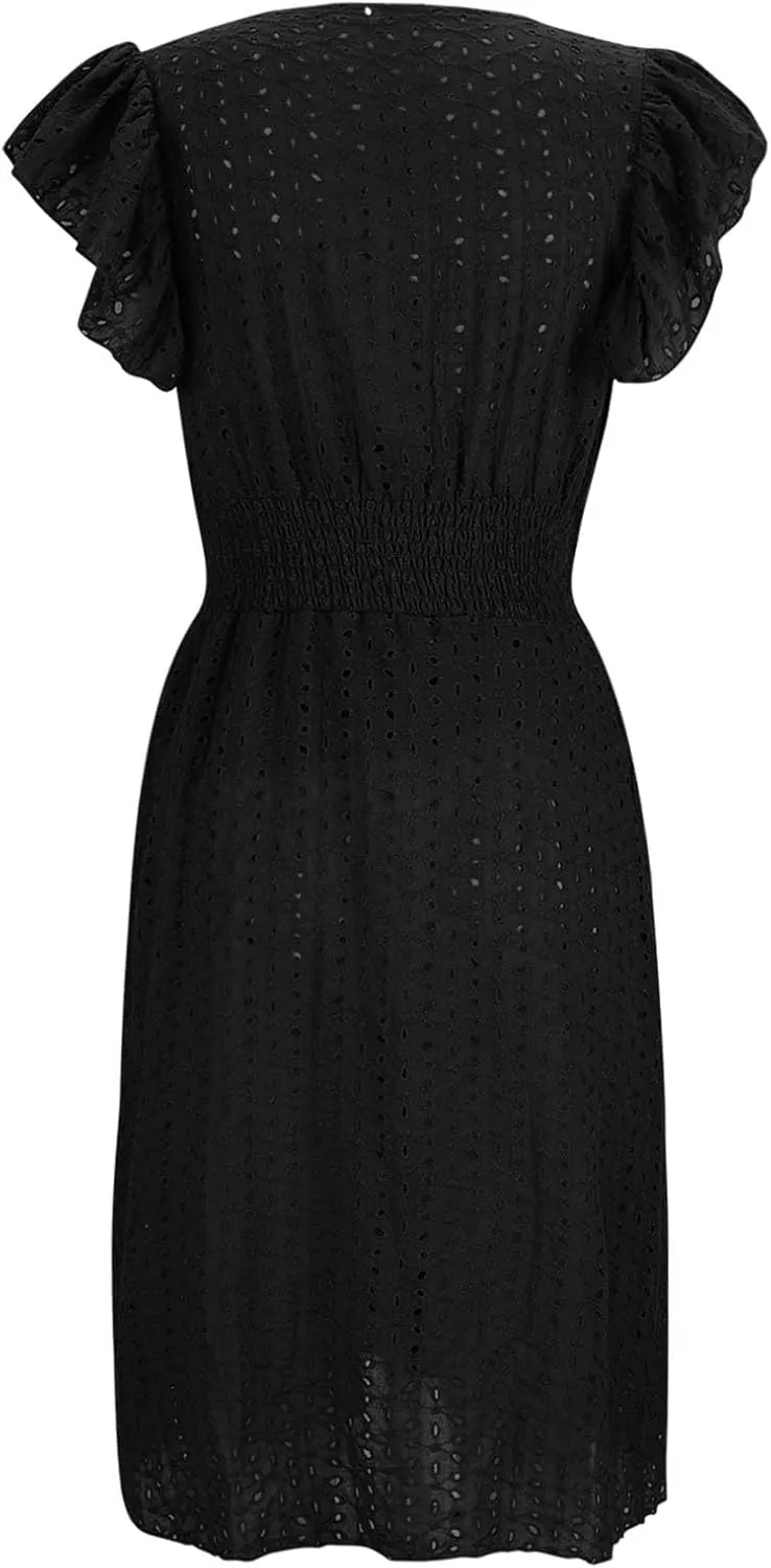 Summer Dresses for Women 2025 Puff V Neck Sleeveless Eyelet Dress Casual Loose Embroidered Wrap Dress Midi Sundress