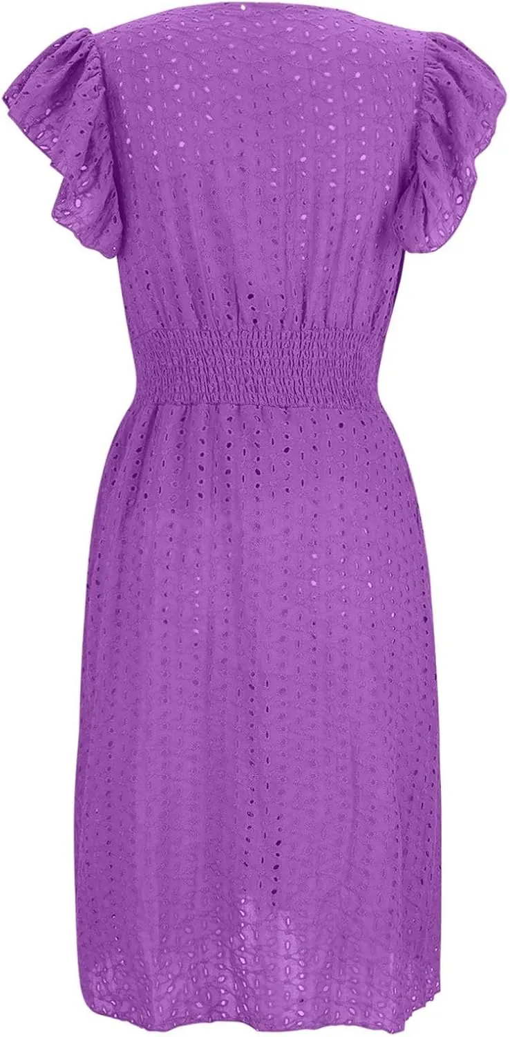 Summer Dresses for Women 2025 Puff V Neck Sleeveless Eyelet Dress Casual Loose Embroidered Wrap Dress Midi Sundress