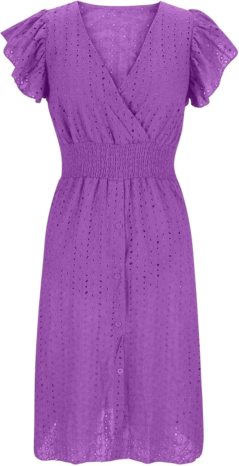 Summer Dresses for Women 2025 Puff V Neck Sleeveless Eyelet Dress Casual Loose Embroidered Wrap Dress Midi Sundress