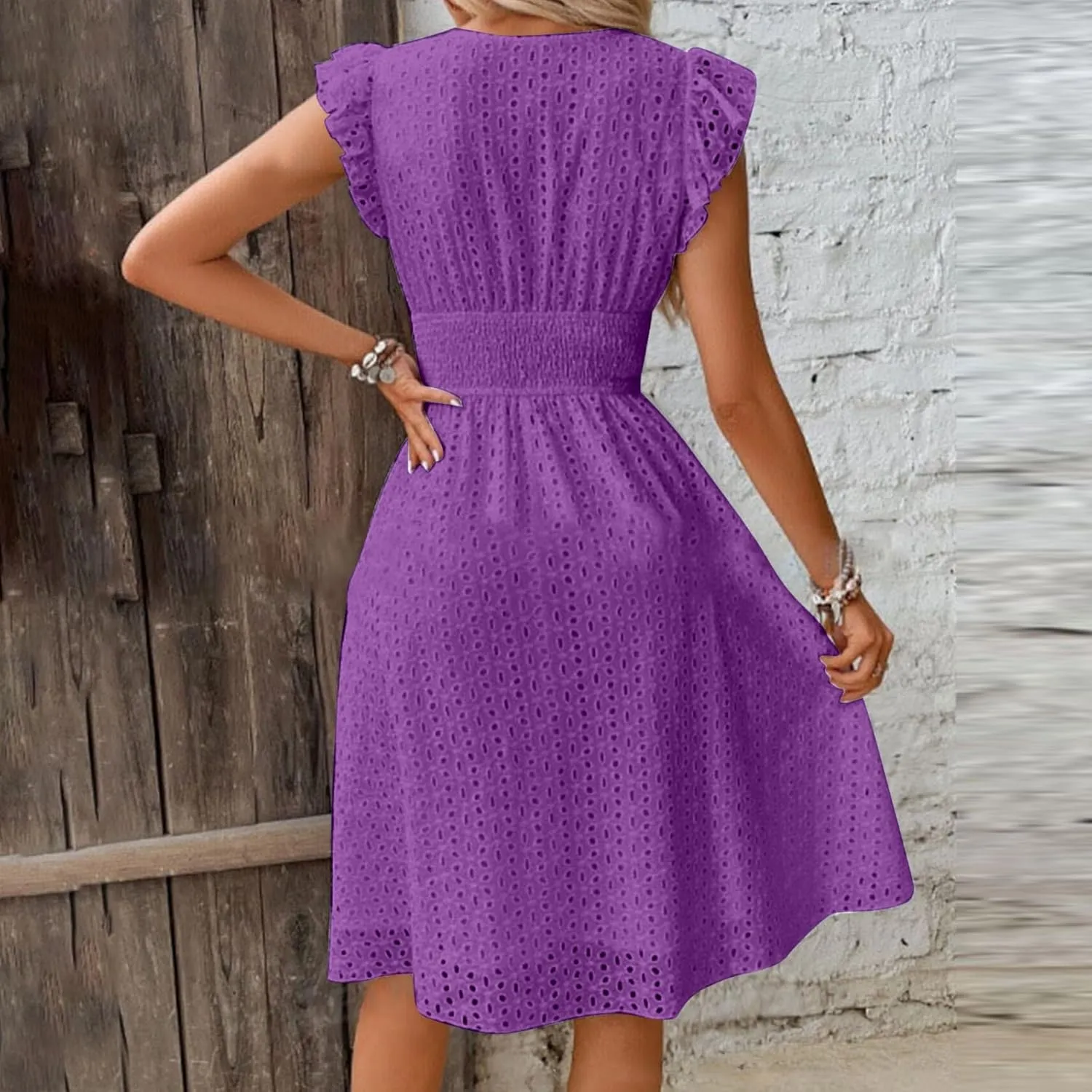 Summer Dresses for Women 2025 Puff V Neck Sleeveless Eyelet Dress Casual Loose Embroidered Wrap Dress Midi Sundress