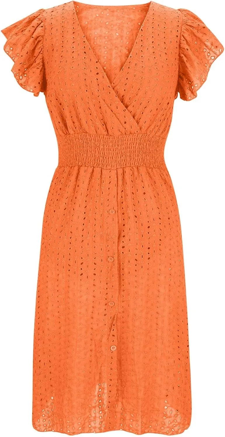 Summer Dresses for Women 2025 Puff V Neck Sleeveless Eyelet Dress Casual Loose Embroidered Wrap Dress Midi Sundress