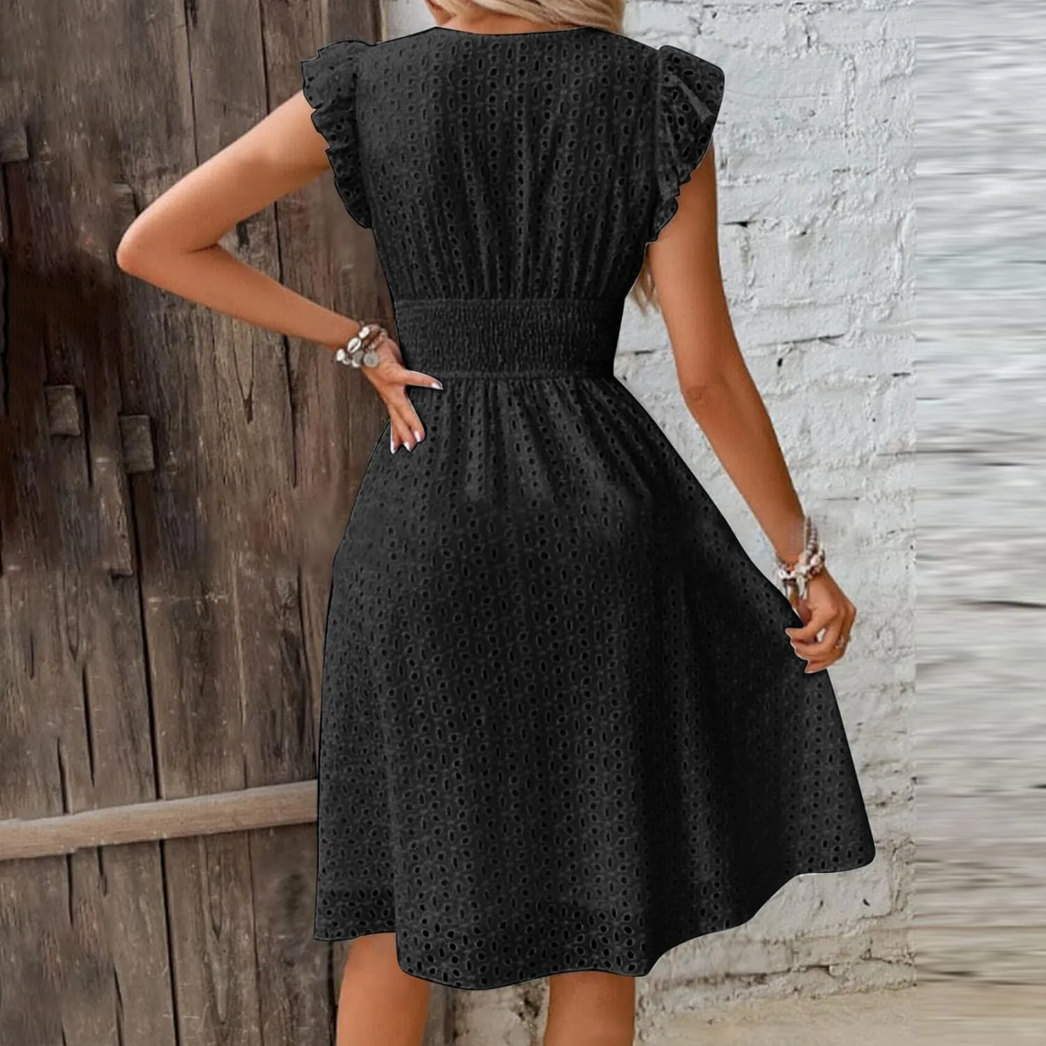 Summer Dresses for Women 2025 Puff V Neck Sleeveless Eyelet Dress Casual Loose Embroidered Wrap Dress Midi Sundress
