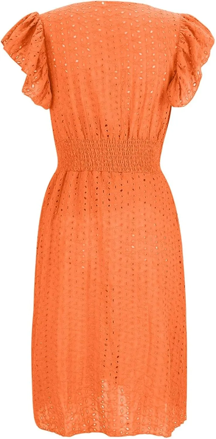 Summer Dresses for Women 2025 Puff V Neck Sleeveless Eyelet Dress Casual Loose Embroidered Wrap Dress Midi Sundress