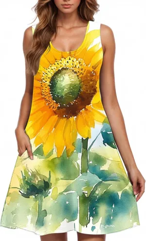 Summer Dresses for Women 2025 Short Crewneck Sleeveless Sundresses Casual Vacation Floral Boho Beach Dress Cover Up