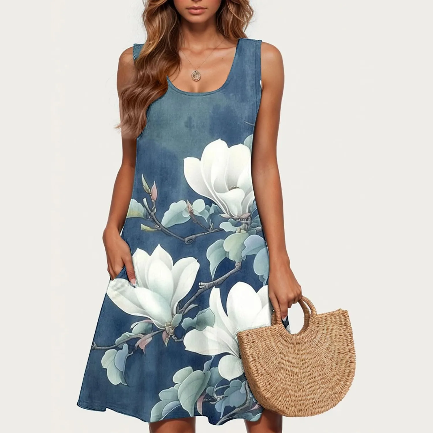 Summer Dresses for Women 2025 Short Crewneck Sleeveless Sundresses Casual Vacation Floral Boho Beach Dress Cover Up