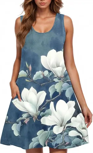 Summer Dresses for Women 2025 Short Crewneck Sleeveless Sundresses Casual Vacation Floral Boho Beach Dress Cover Up