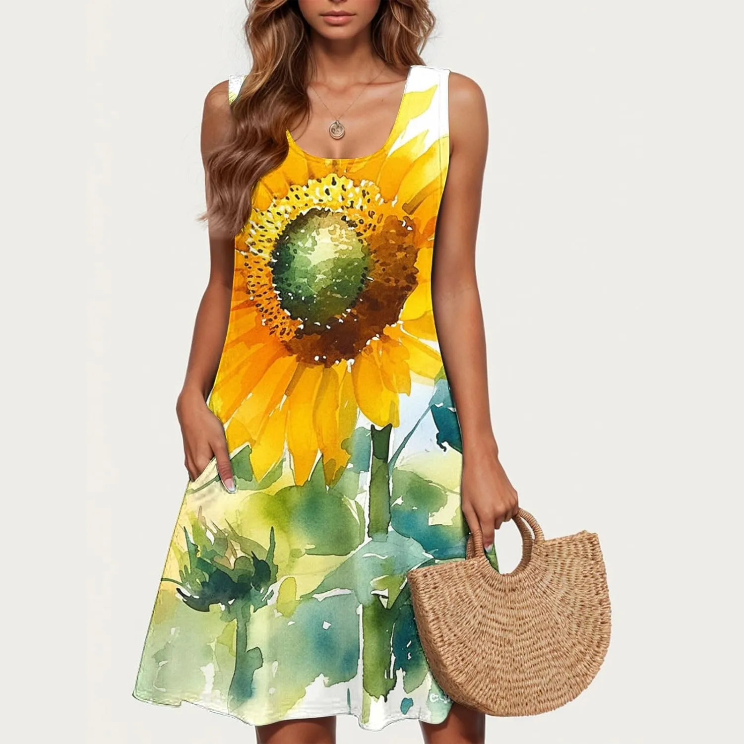 Summer Dresses for Women 2025 Short Crewneck Sleeveless Sundresses Casual Vacation Floral Boho Beach Dress Cover Up