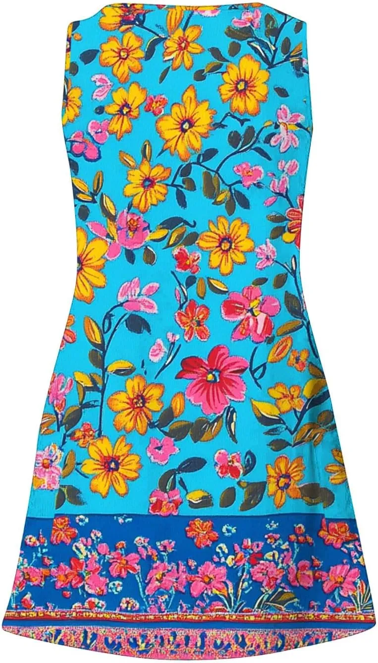 Summer Dresses for Women 2025 Short Vacation Boho Floral Sun Dress Casual Loose V Neck Sleeveless Tank Dress
