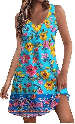 Summer Dresses for Women 2025 Short Vacation Boho Floral Sun Dress Casual Loose V Neck Sleeveless Tank Dress