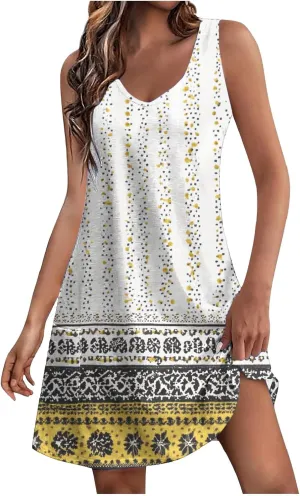 Summer Dresses for Women 2025 Short Vacation Boho Floral Sun Dress Casual Loose V Neck Sleeveless Tank Dress