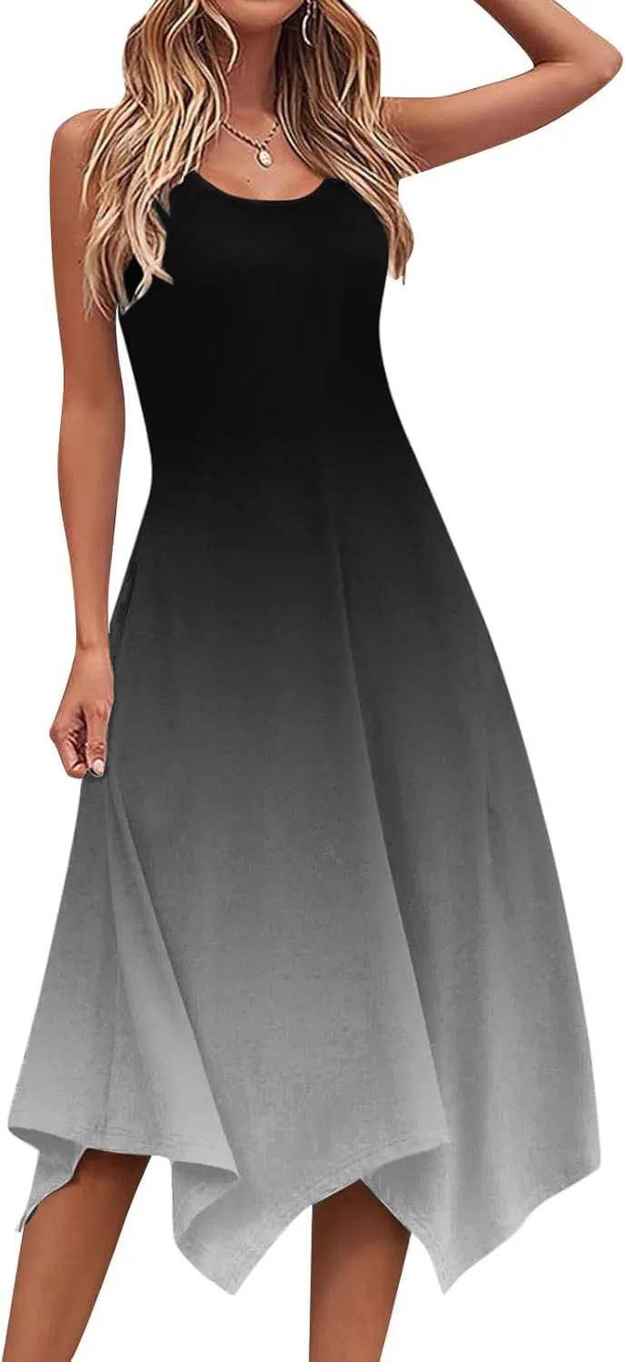 Summer Dresses for Women 2025 Vacation Boho Asymmetrical Maxi Dress Casual Loose Gradient Sleeveless A Line Dress