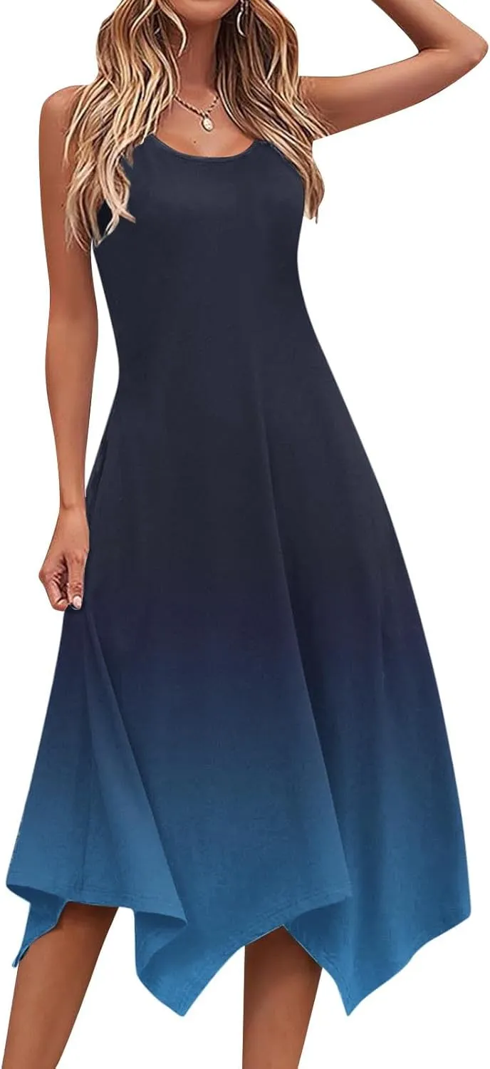 Summer Dresses for Women 2025 Vacation Boho Asymmetrical Maxi Dress Casual Loose Gradient Sleeveless A Line Dress