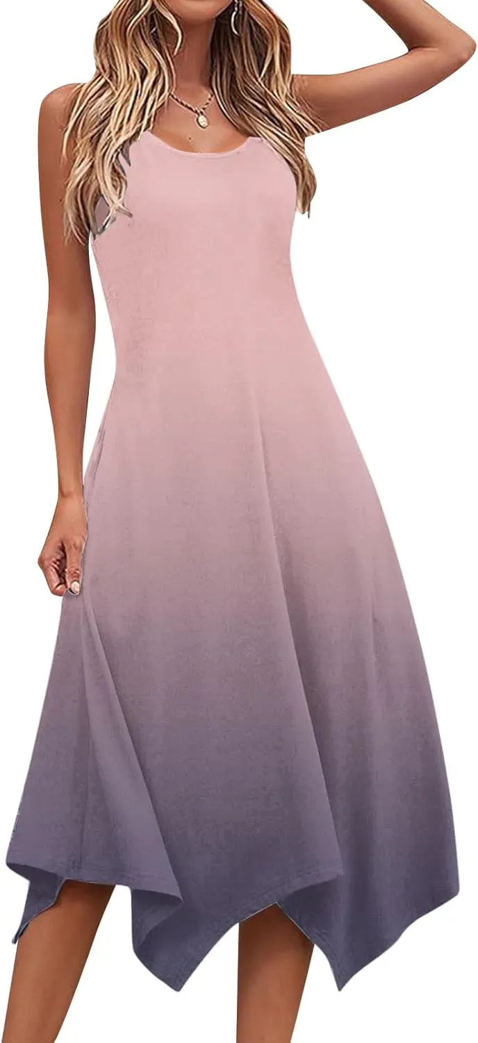 Summer Dresses for Women 2025 Vacation Boho Asymmetrical Maxi Dress Casual Loose Gradient Sleeveless A Line Dress