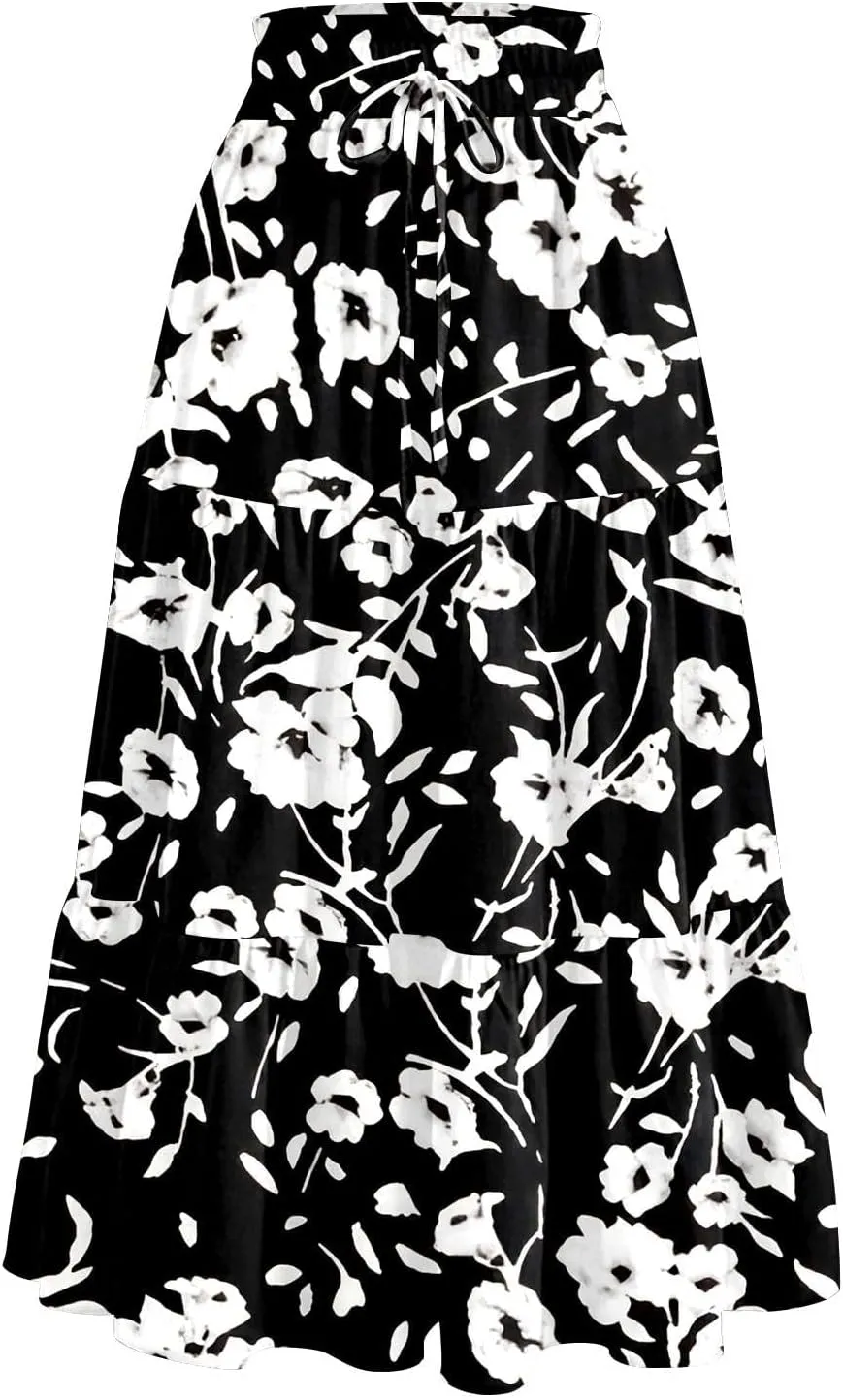 Summer Dresses for Women 2025 Vacation Boho Floral Tiered Maxi Skirt Dressy A Line Drawstring Flowy Ruffle Dresses